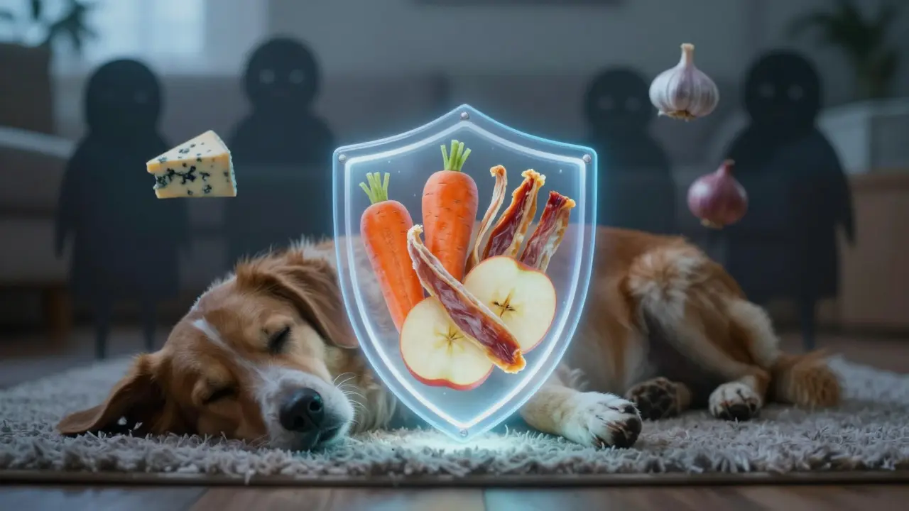 Собака спокойно лежит, окруженная полезными альтернативами сыру.