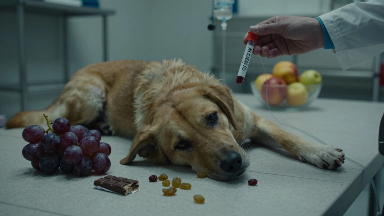 Собака в ветклинике, рядом разбросаны виноградины, ветеринар с пробиркой.