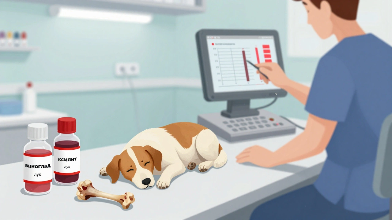 Собака в ветклинике, рядом с ней лежат опасные продукты, ветеринар наблюдает за монитором.