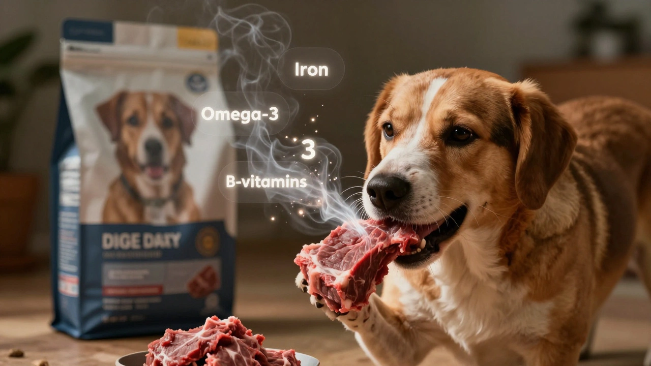 Собака жует сырое мясо, вокруг неё светятся питательные вещества, а упаковка корма тает в дыму.