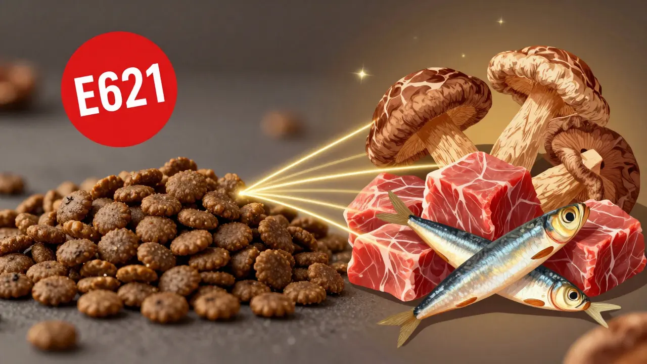 Сравнение: сухой корм с этикеткой E621 и натуральные продукты — грибы, мясо и сардины.