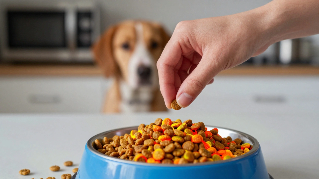 Тепловизионное изображение: тёплая еда светится тёплыми цветами, холодная — холодными, собака смотрит на миску.