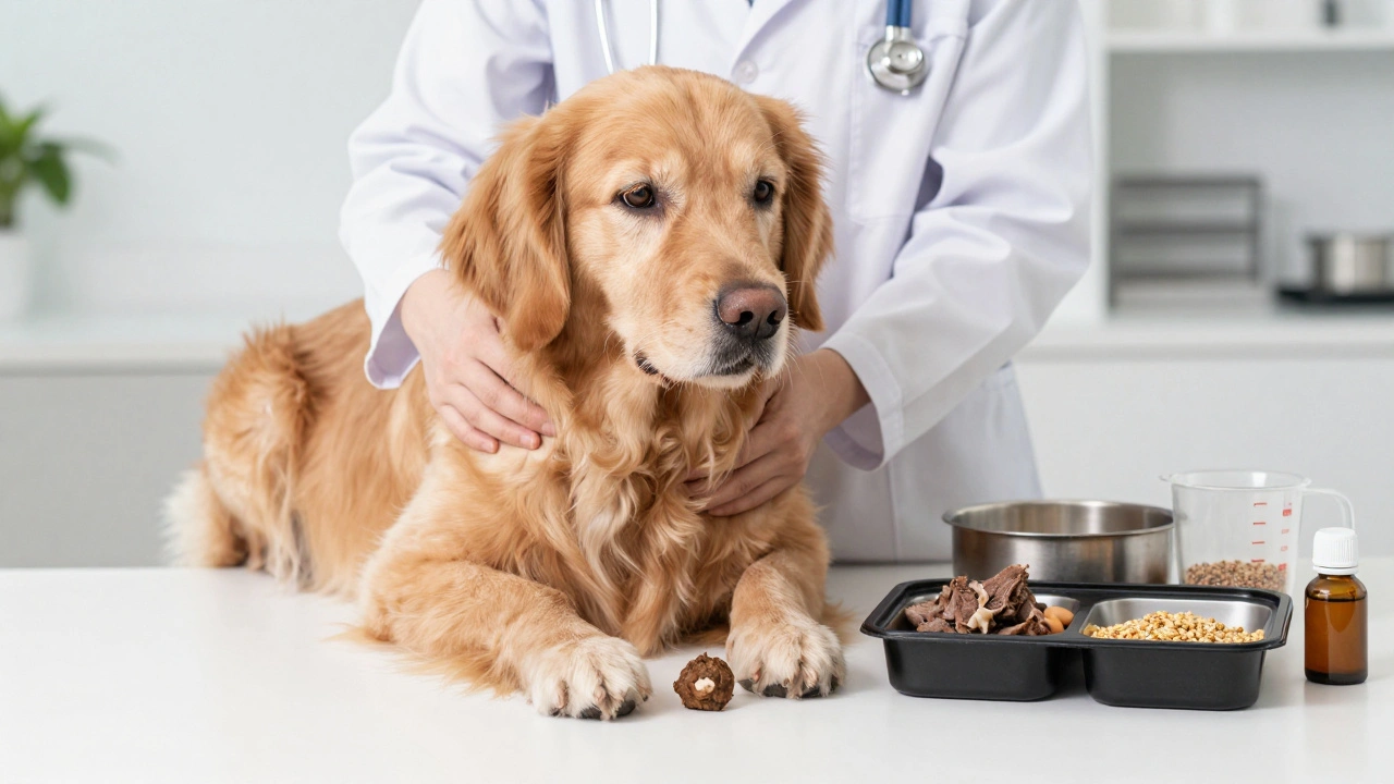 Ветеринар осматривает здоровую собаку рядом с приготовленной едой.
