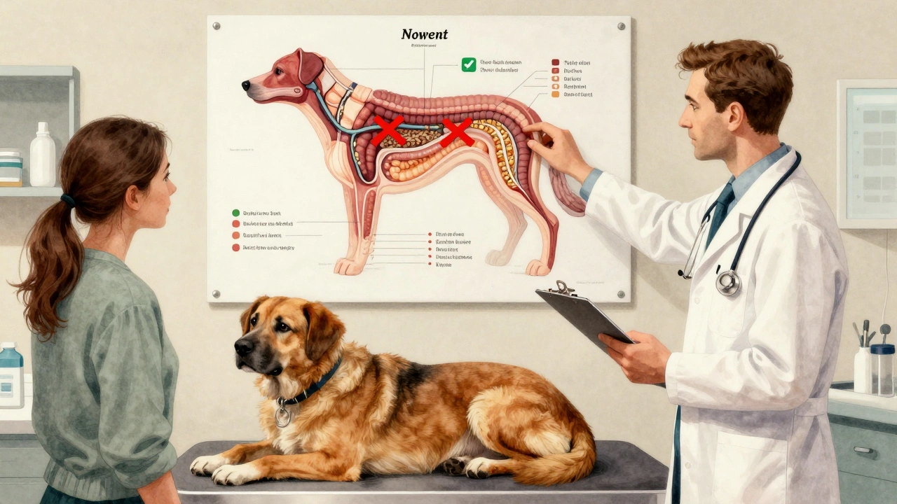 Ветеринар показывает схему пищеварения собаки с запрещенными злаками.