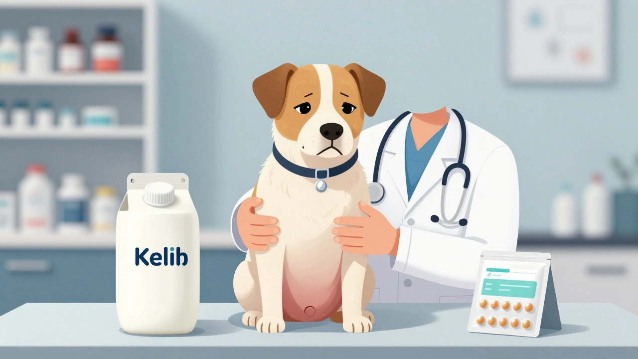 Ветеринар показывает собаке с вздутым животом кефир и ветпробиотики.