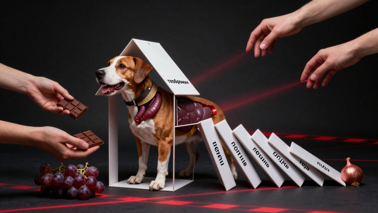 Внутренние органы собаки как карточный домик, рушащийся от токсинов: шоколад, виноград, лук.