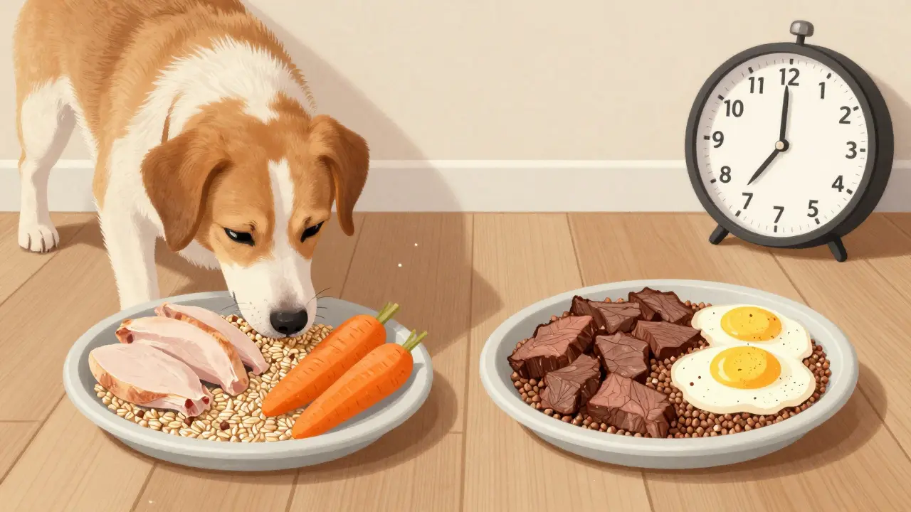 Взрослая собака получает два сбалансированных кормления: утром и вечером.