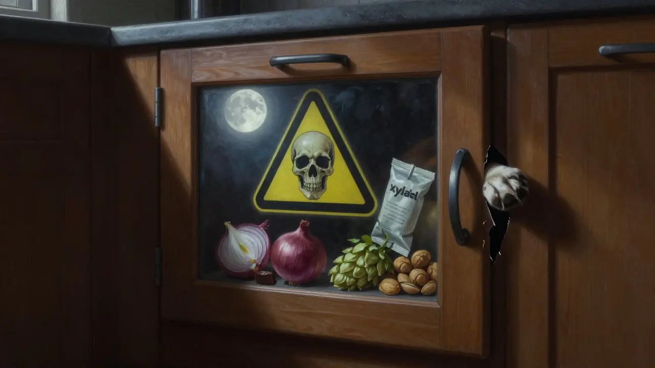 Закрытый шкаф с предупреждающими символами, лапа собаки тянется к щели, внутри — опасные продукты.