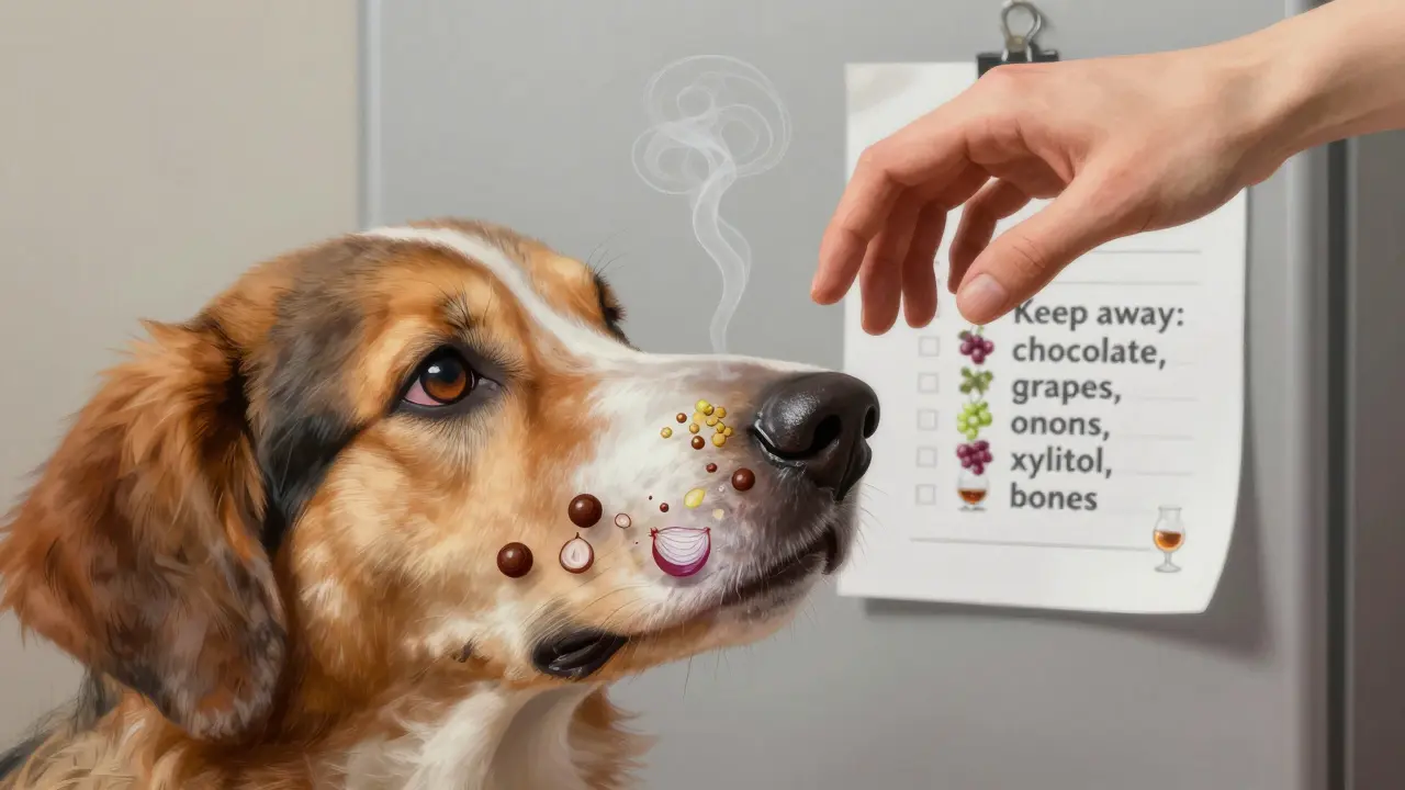 Прозрачный слой токсинов над мордой собаки: шоколад, лук, виноград, ксилит — с человеческой рукой над ней.