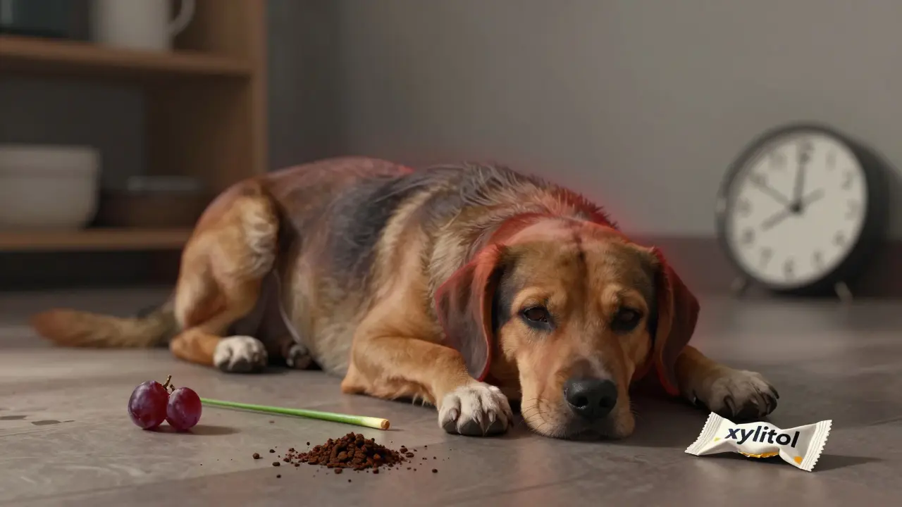 Собака лежит слабо на полу, вокруг — остатки ядовитых продуктов: виноград, кофейная гуща, жевательная резинка.