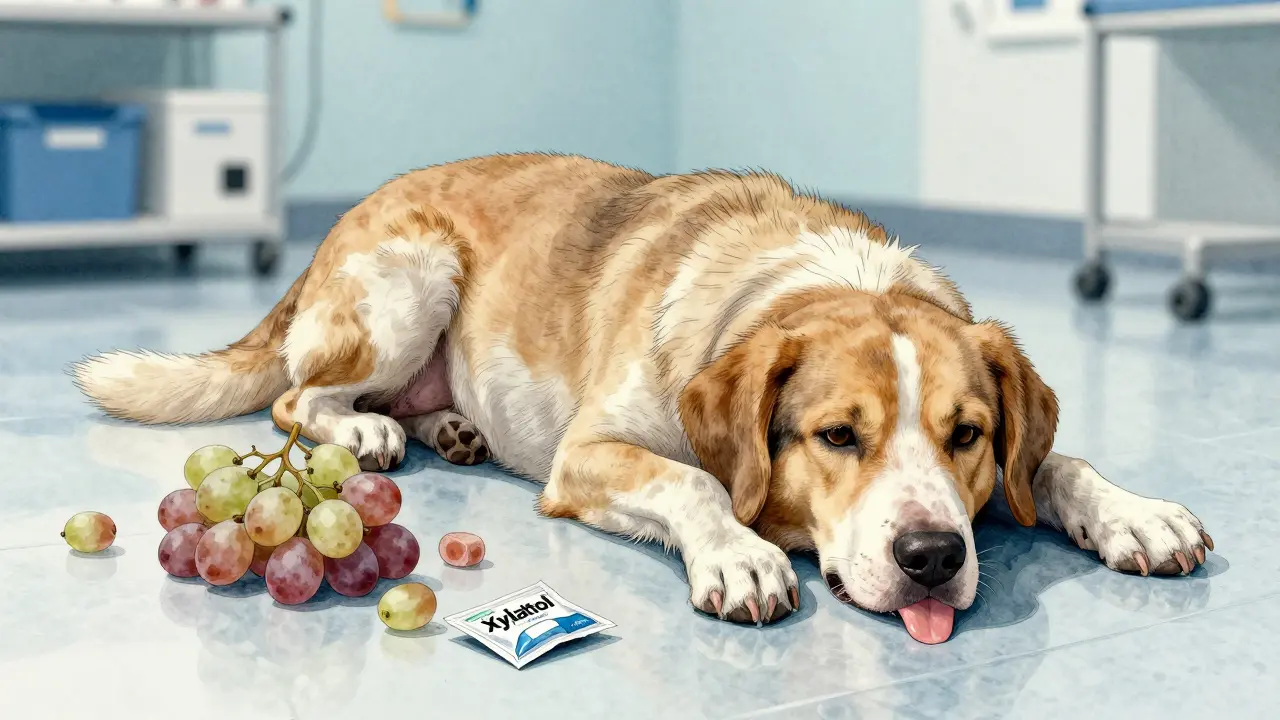 Собака слабо лежит в ветклинике, рядом виноград и жевательная резинка с ксилитом.