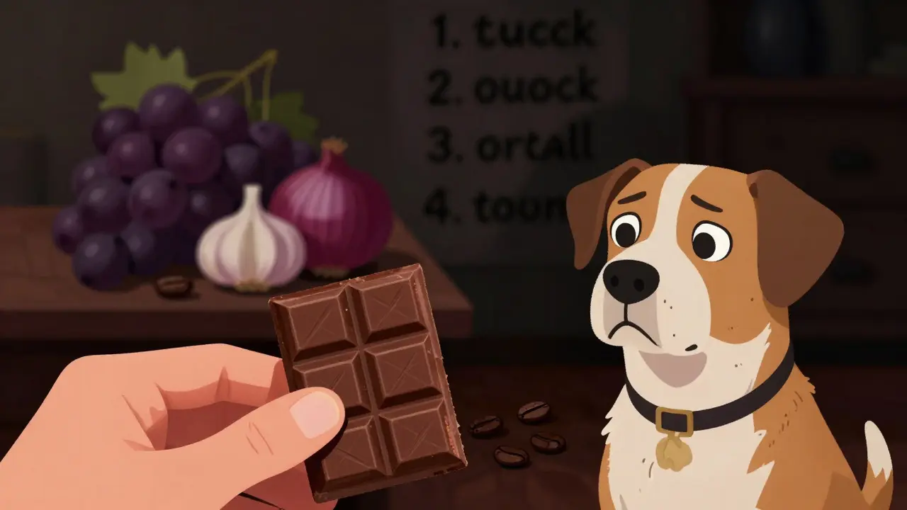 Собака смотрит на шоколадку, вокруг — токсичные продукты: виноград, лук, чеснок, кофе.