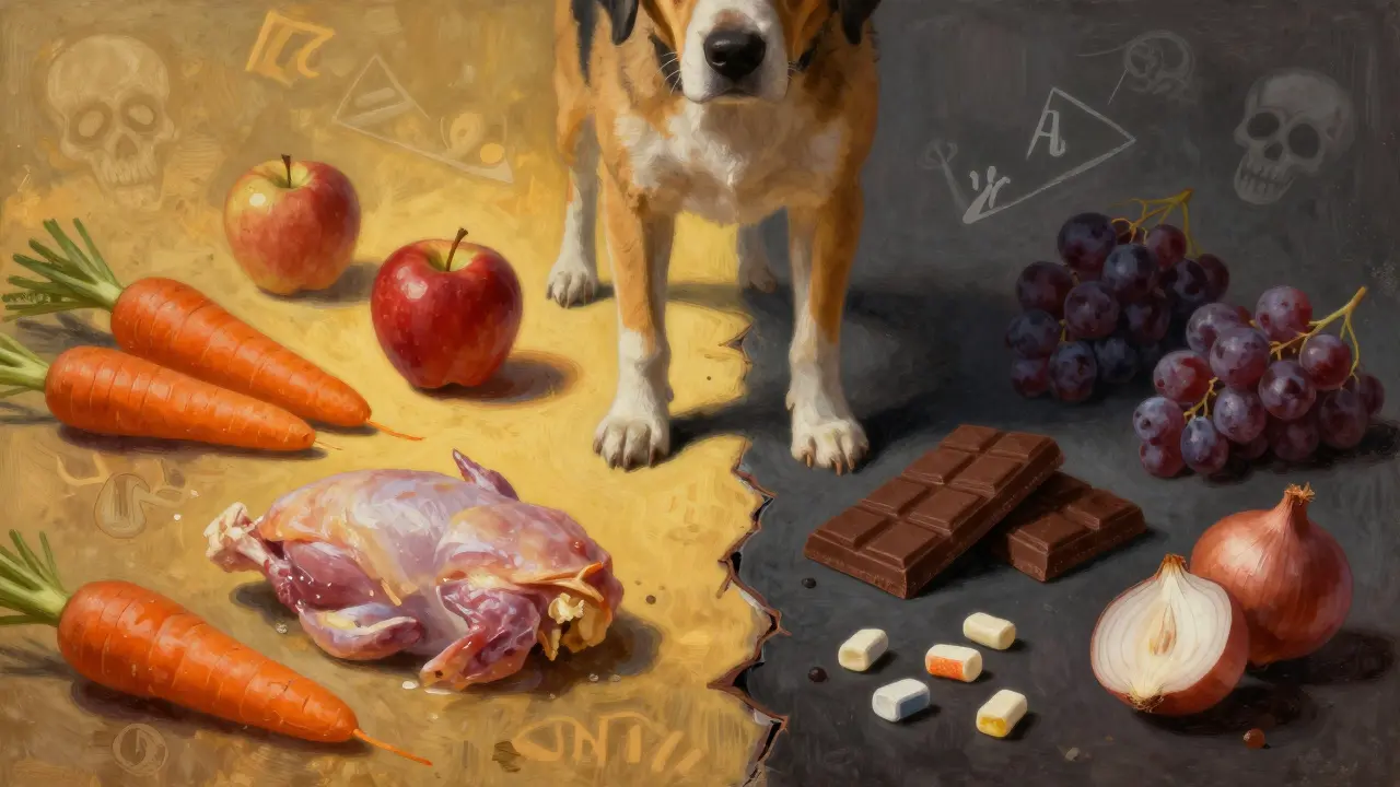 Собака стоит между безопасной и опасной едой, свет и тень разделяют пути.