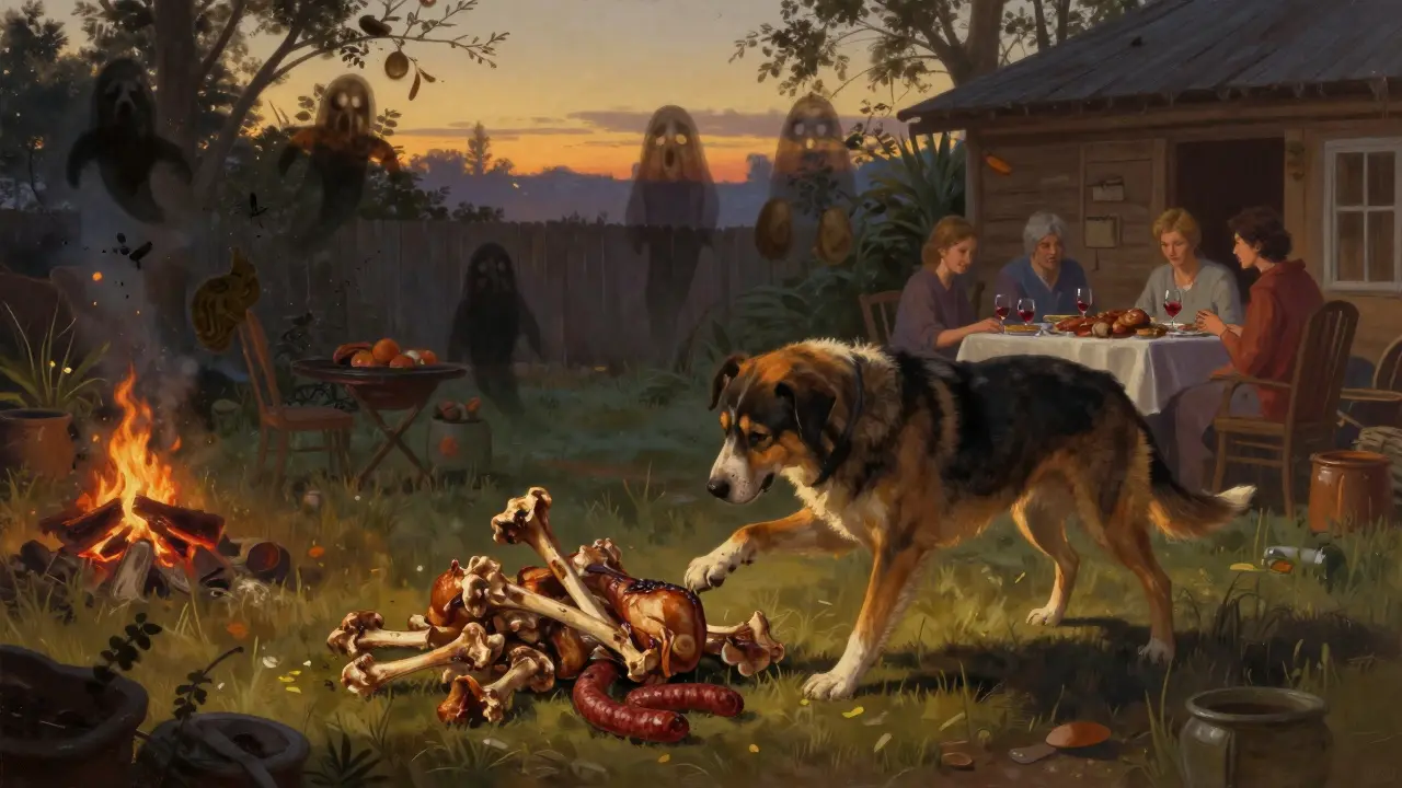 Собака в деревенском дворе рассматривает кости и колбасу, за спиной семья за ужином.