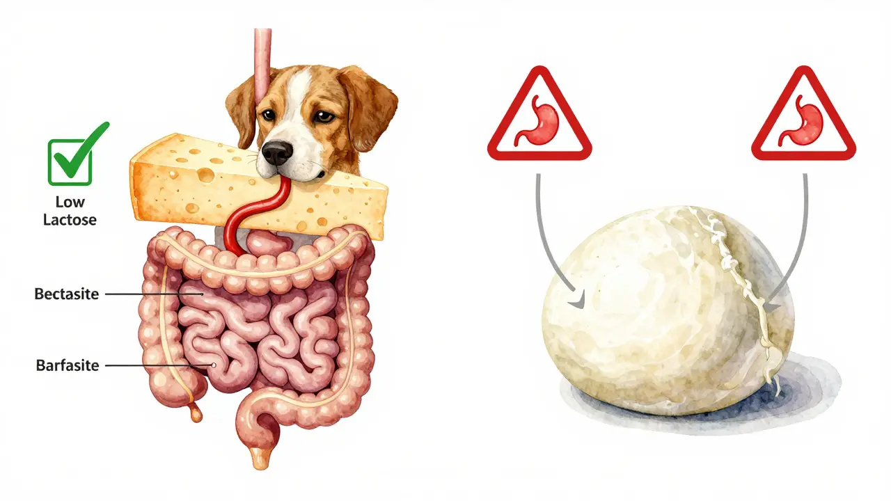 Сравнение твёрдого и мягкого сыра с обозначением содержания лактозы и влияния на пищеварение собаки.