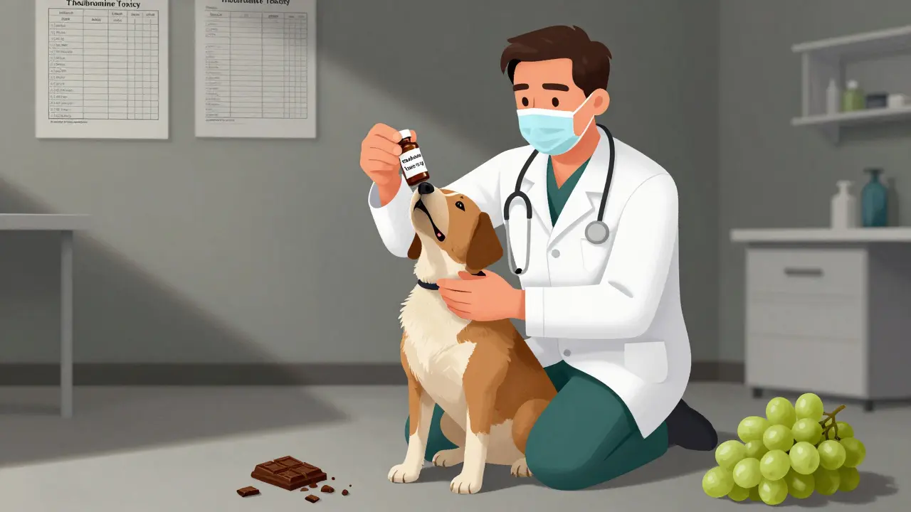 Ветеринар держит больную собаку, рядом лежат опасные продукты.