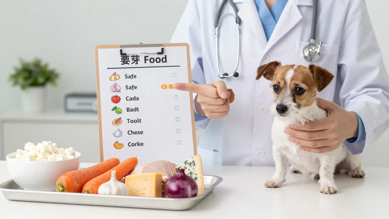 Ветеринар показывает собаководу безопасные и опасные лакомства для собак.