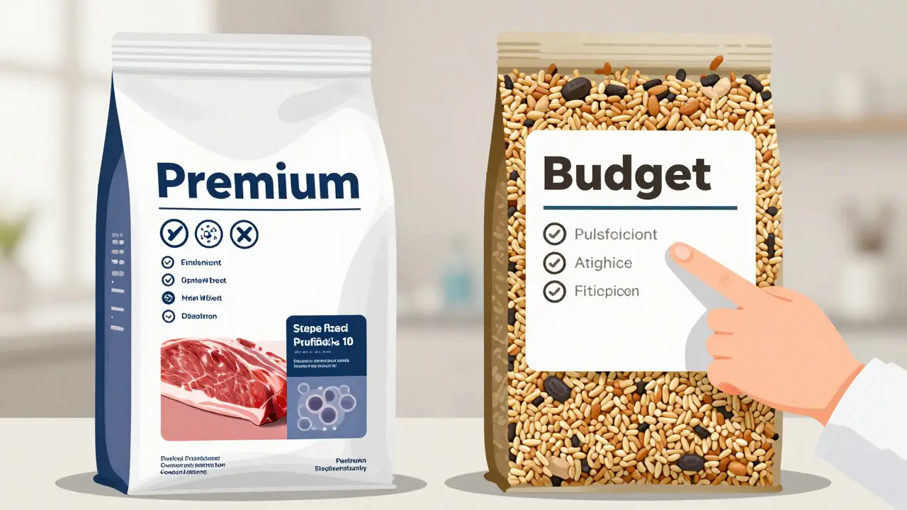 Два пакета сухого корма: премиум и дешевый, с детализированными составами.