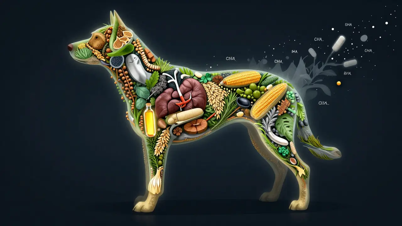 Иллюстрация тела собаки как живой системы, окруженной натуральными ингредиентами, с исчезающими химическими добавками.