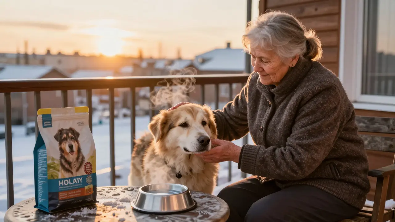 Пожилая женщина гладит старую собаку на снежном балконе в Красноярске, за окном закат.