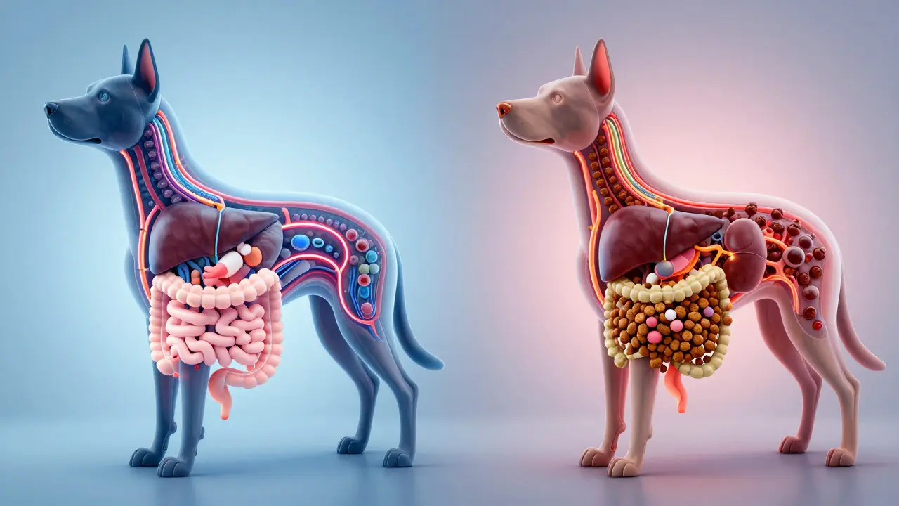 Схема внутренних органов собаки: здоровые и поврежденные системы при разном корме.