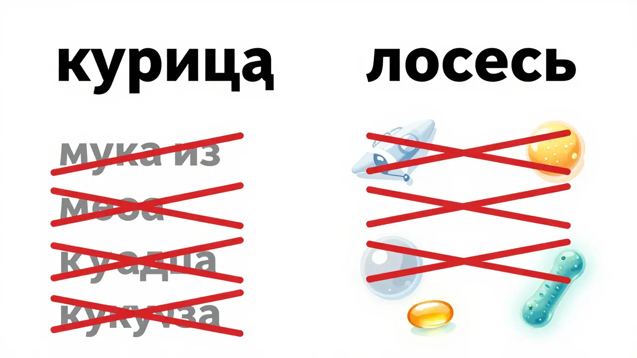 Состав корма для собак: полезные ингредиенты выделены, вредные зачеркнуты, без текста.