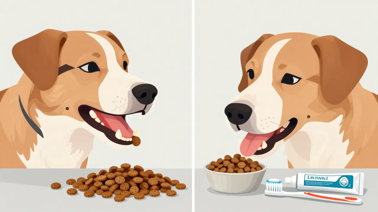 Сравнение зубов собаки: чистые при сухом корме и с налетом при влажном