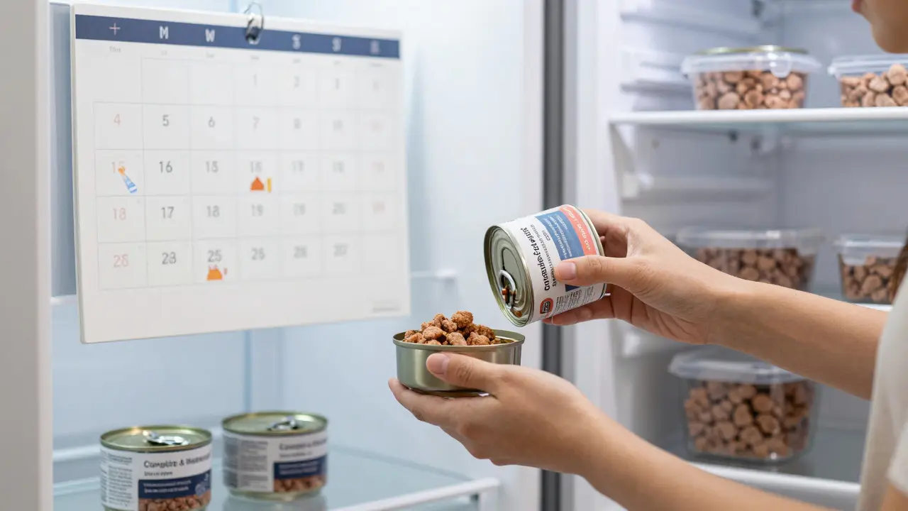 Владелец собаки отмеряет влажный корм с этикеткой 'полный и сбалансированный'