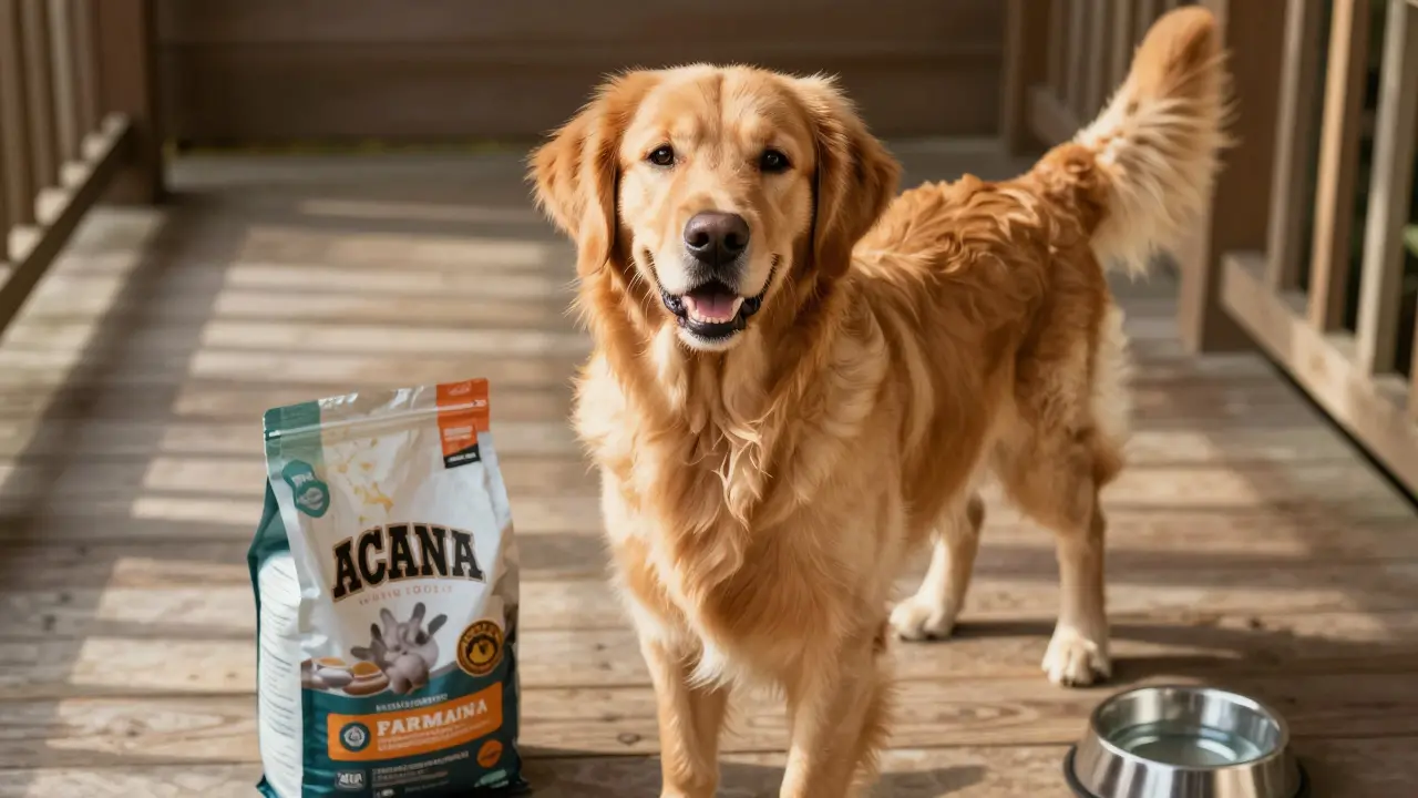 Здоровая золотистая ретривер с блестящей шерстью на солнечном крыльце, рядом пакет корма.